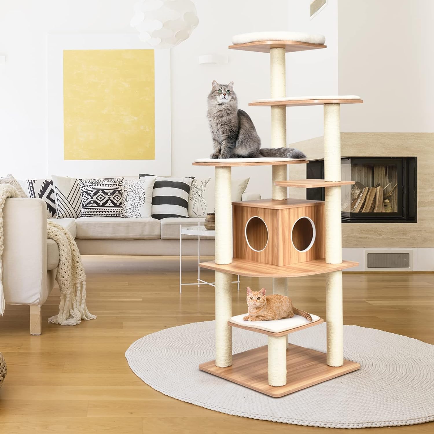 Árbol para Gatos de Madera de XXL 175 CM, Torre para Gatos de 6 Niveles con Poste Rascador de Sisal, Diseño Antivuelco, Cojines Cómodos, 59×49×140CM - 8