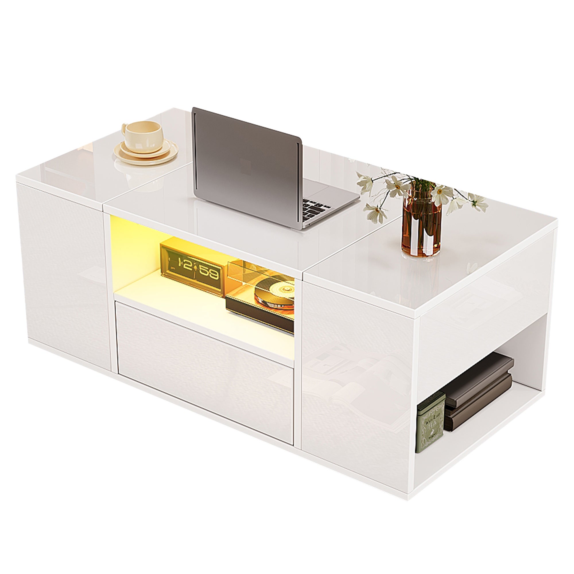 Table basse brillante avec LED, 1 tiroir, 2 armoires, rangements, en panneaux particules, blanc - 2