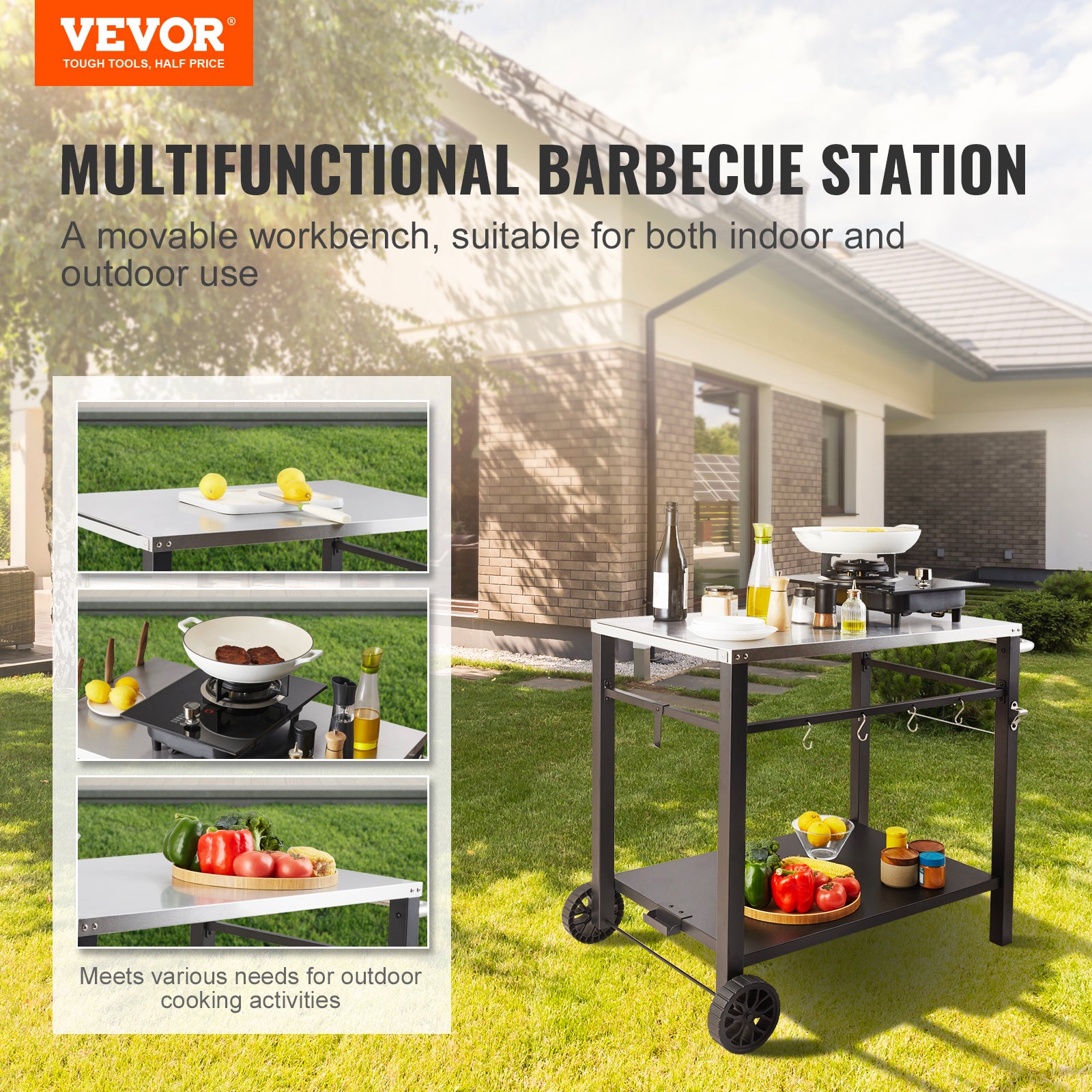 Desserte Plancha à VEVOR 2 Niveaux Chariot de Barbecue avec Grand Plan de Travail en Inox 85 x 55 cm Table de Barbecue sur Roulettes pour Four à Pizza - 2
