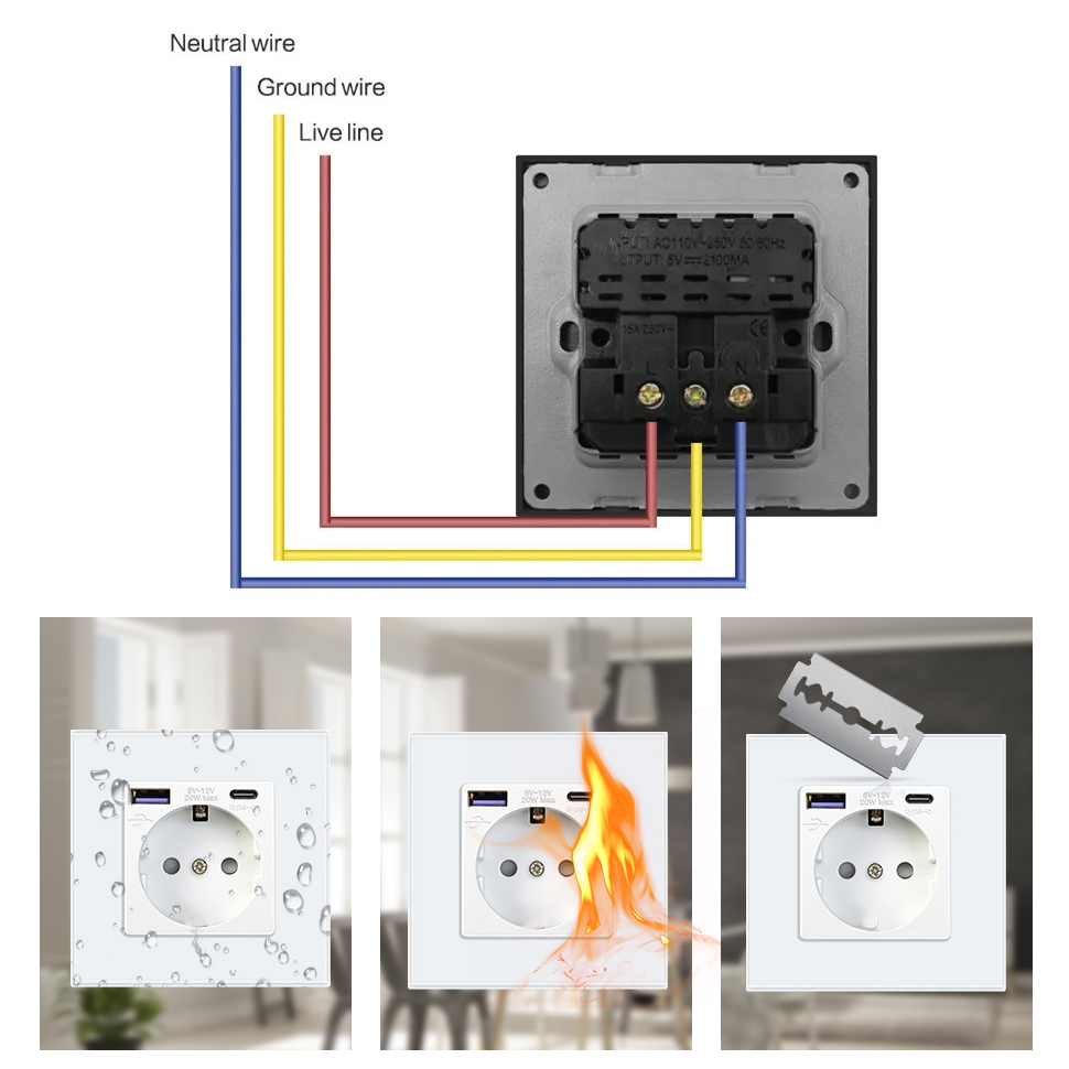 Prise murale avec USB et Type-C, 5 V - 2,1 A, prise USB intégrée standard UE, multiprise française avec boîtier de montage, 110-250 V (noir) - 5