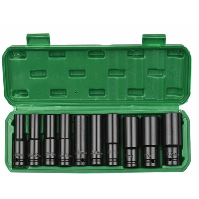 Jeu de douilles a chocs hexagonales a entrainement 1/2 pouce, 10 pieces, tailles metriques de douilles profondes, en acier au carbone de 10 a 24 mm av