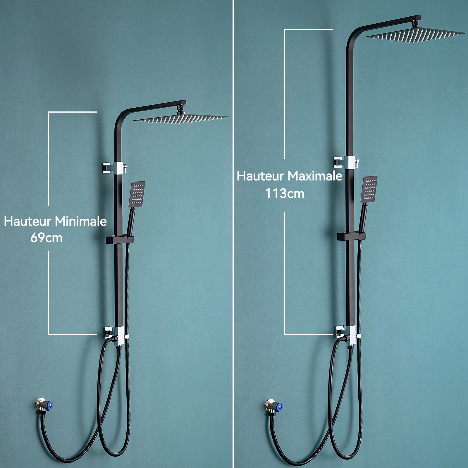 Colonne de Douche Noir Sans Mitigeur Système Douche avec Douchette à Main/Tête Douche de 10 Pouces Hauteur Réglable 690-1130 mm Salle Bain,EU Modèle - 2