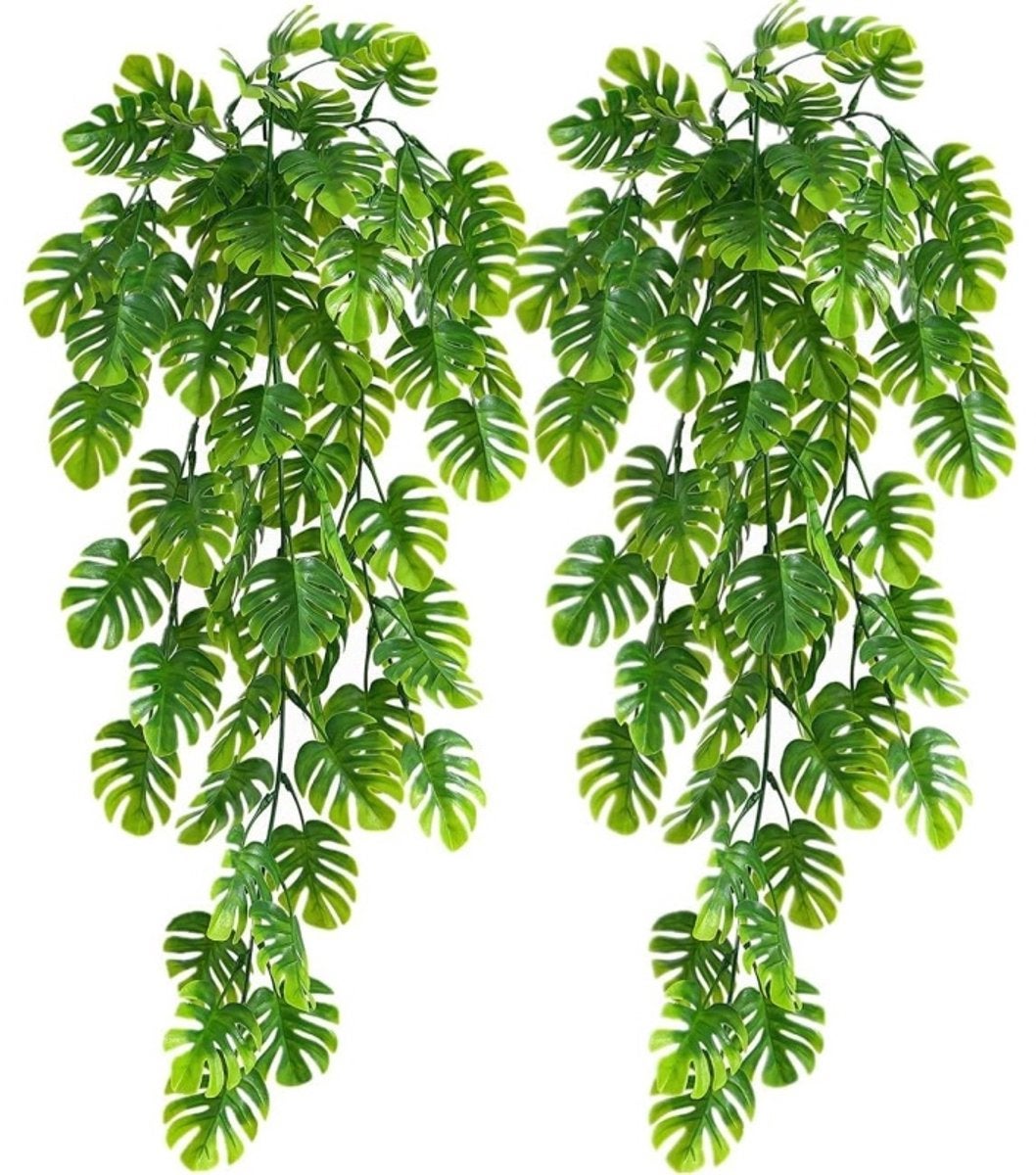 Set de 2 plante artificiale suspendate: frunze artificiale de monstera, frunze de iederă, viță de vie verde, plante din plastic rezistent... 2buc
