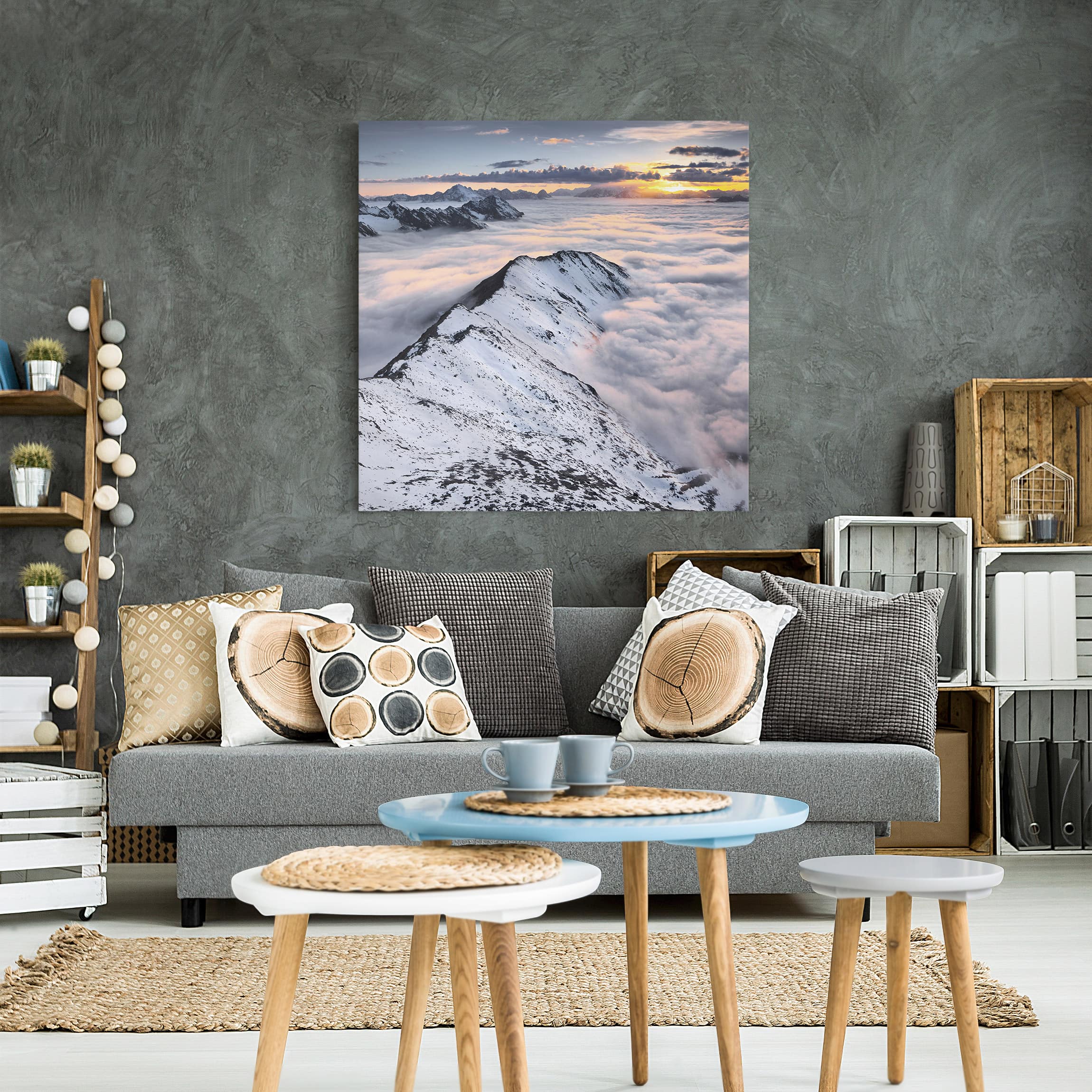 Toile Abstraite Montagne Impression Bois – Art Mural Encadré Prêt à Accrocher, Grand Format