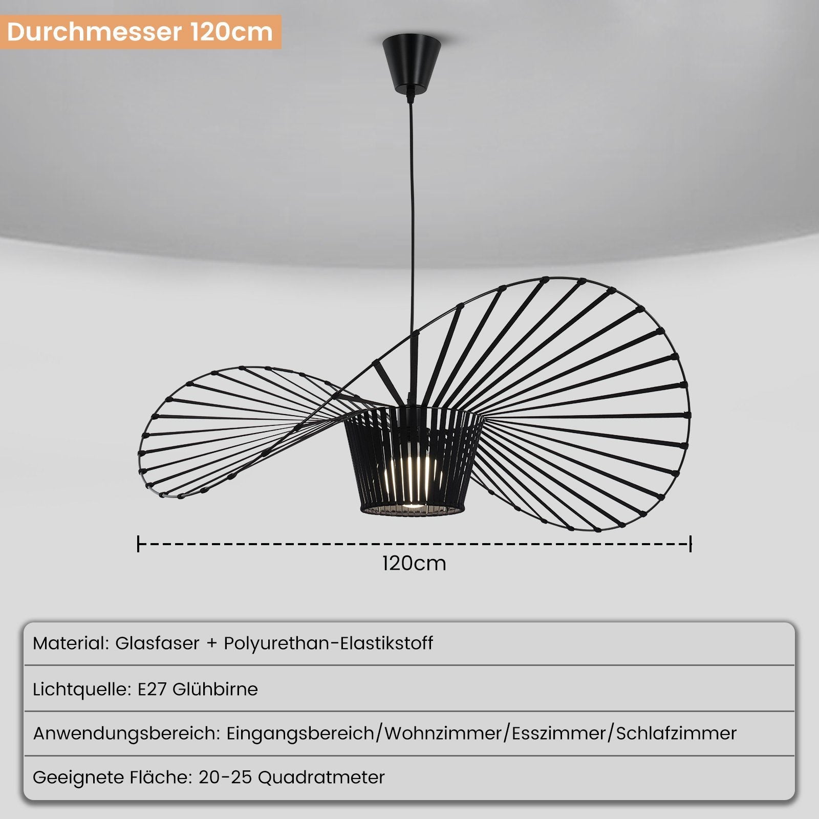 ZMH Suspension Lustre moderne noire E27 de diamètre 120 cm en polycarbonate de type chapeau puissance maximale 40 watts adaptée au salon - 8