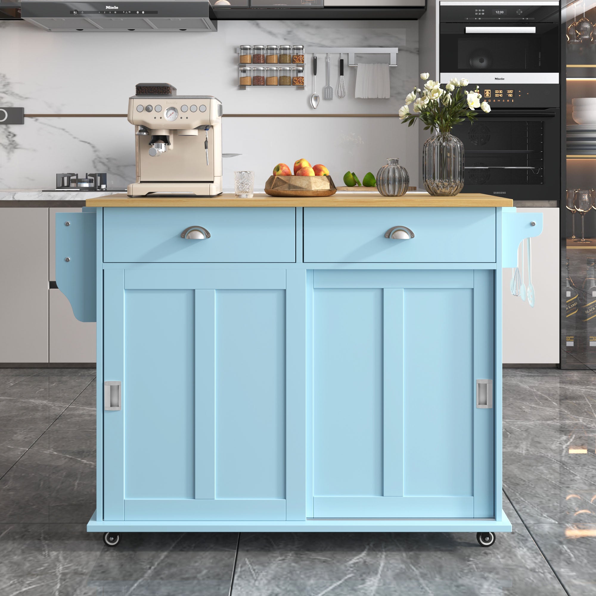 Wózek jadalniany/taca, 112x40(70)x94 cm, niebieski, składany blat z litego drewna, wymienne kółka i nóżki z litego drewna