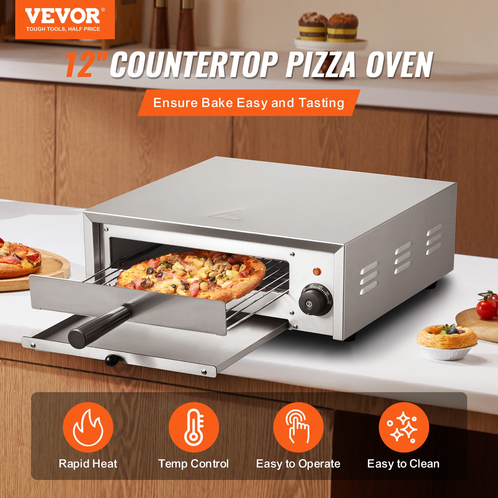 Four à Pizza électrique 3000W - Double étage, Acier Inox, Température 50-350°C, Minuterie 60 Min - Pour Pizza, Pain, Grillades - 57x47,5x44 Cm