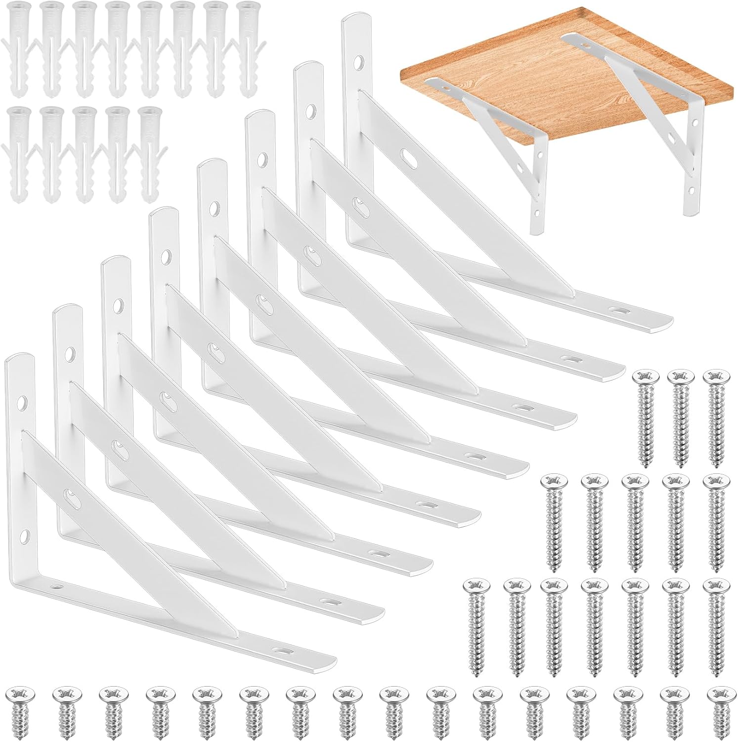 Zestaw 8 trójkątnych wsporników półek 150x95mm - Biały metal, do półek pod kątem prostym w salonie lub sypialni