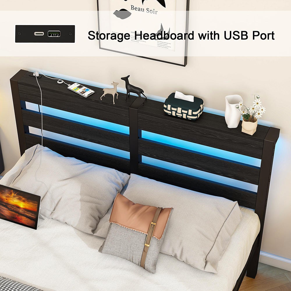 Łóżko dla dorosłych z oświetleniem LED i stacją ładującą USB, metalowa konstrukcja, materac nie wchodzi w skład zestawu, kolor czarny – 120 x 200 cm - 8