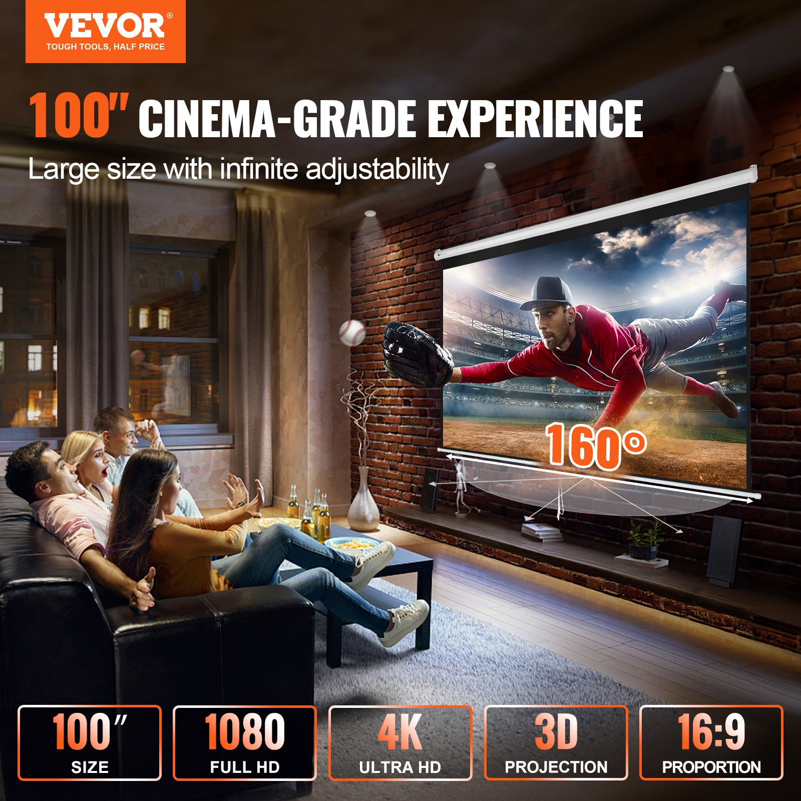 Écran de Projection Enroulable Manuel VEVOR 100 pouces 16:9 HD 4K Toile de Vidéoprojecteur Anti-Plis Grand Angle Vision Montage Mural Image Détaillée - 2