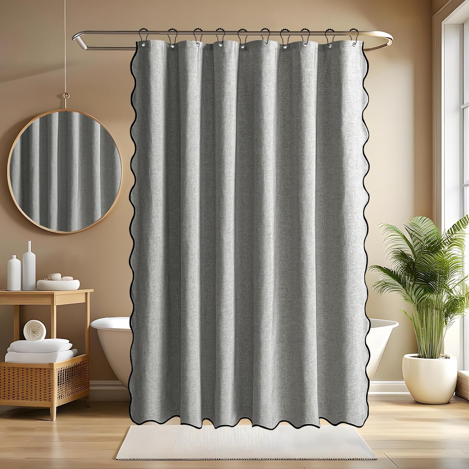 Zasłona prysznicowa w wachlarz z czarną lamówką, wykonana z teksturowanego lnu, z 12 metalowymi haczykami. Gruba tkanina. Wymiary: 183 x 183 cm. Szar