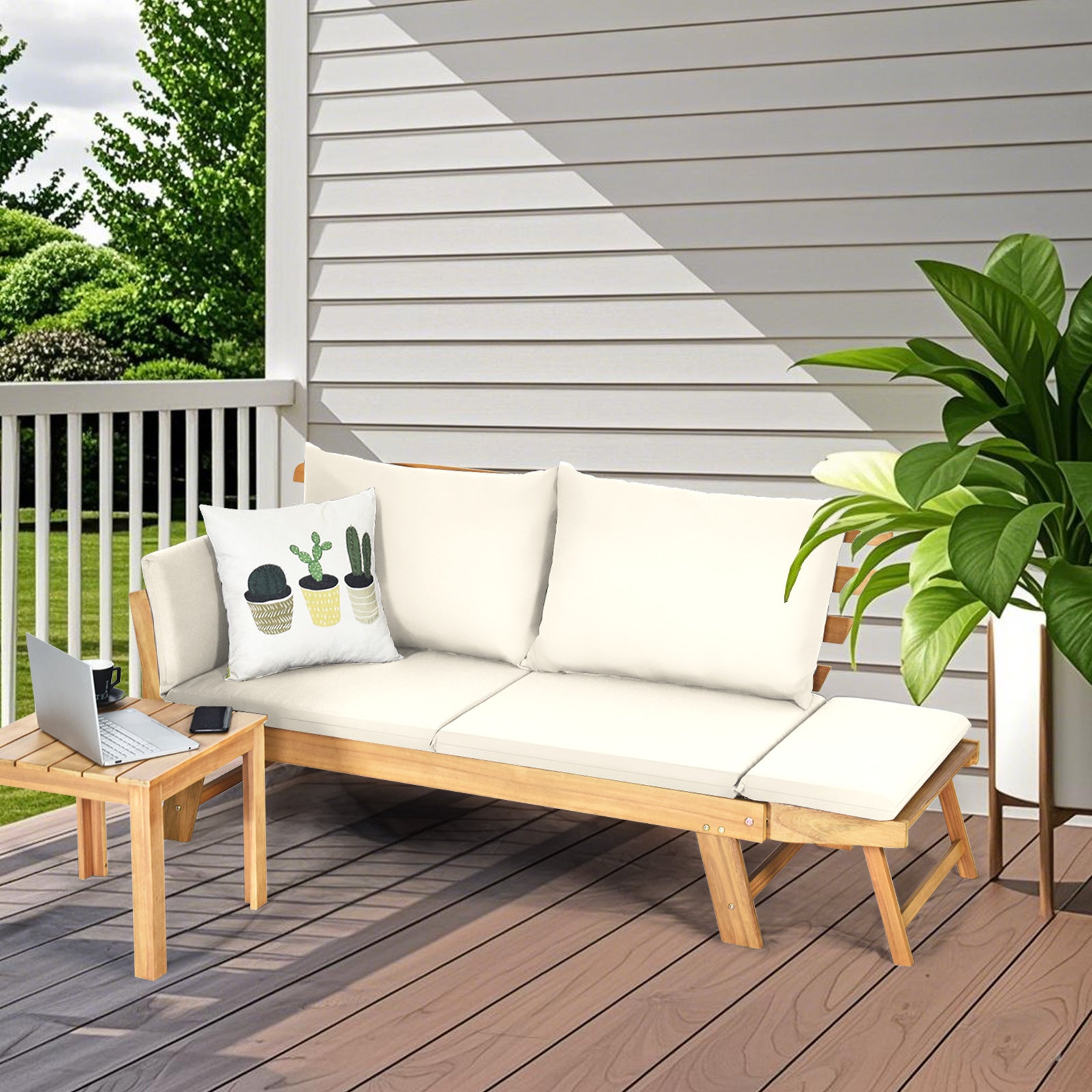 3 en 1 Canapé Convertible Lit Jardin 2 Places-Bois d’acacia-FSC, Canapé Extensible Coussins Amovibles-Charge 320KG pour Balcon/Terrase, Blanc GIANTEX - 9