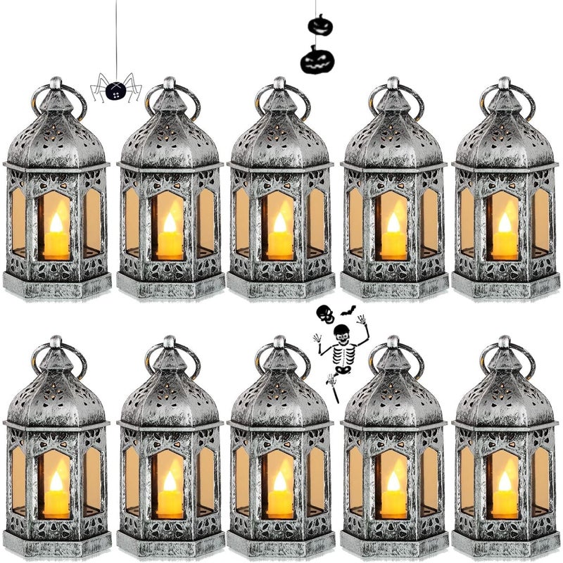Miniaturowe lampiony zewnętrzne LED, dekoracyjne świece na Halloween, Ramadan, wesela i Boże Narodzenie, zestaw 10 sztuk, srebrne