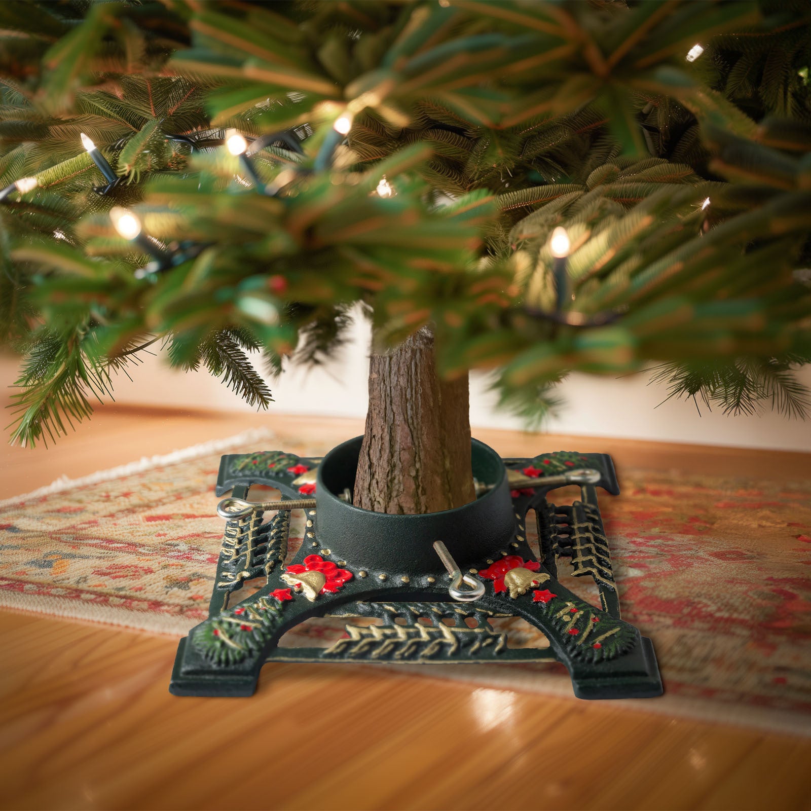 Support Sapin De Noël Classique Avec Réservoir D’Eau – Vert & Rouge Traditionnel, Pieds Métal Robustes