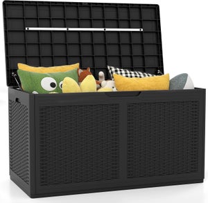Coffre De Jardin Keter Kentwood - 128 X 59 X 53,6 Cm - Résine Effet Bois - Résistant Aux UV - Anthracite