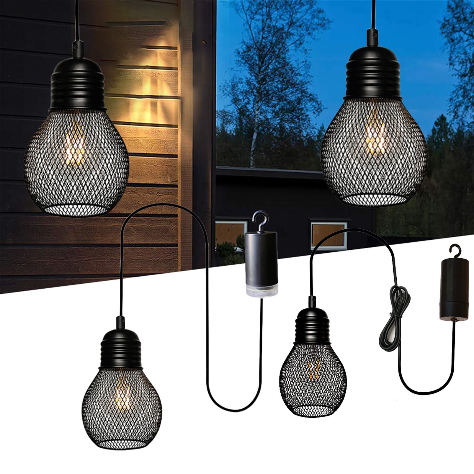 Zestaw dwóch dekoracyjnych lamp ogrodowych, zewnętrzne lampy wiszące z żarówkami LED, ciepłe światło, bez pilota zdalnego sterowania