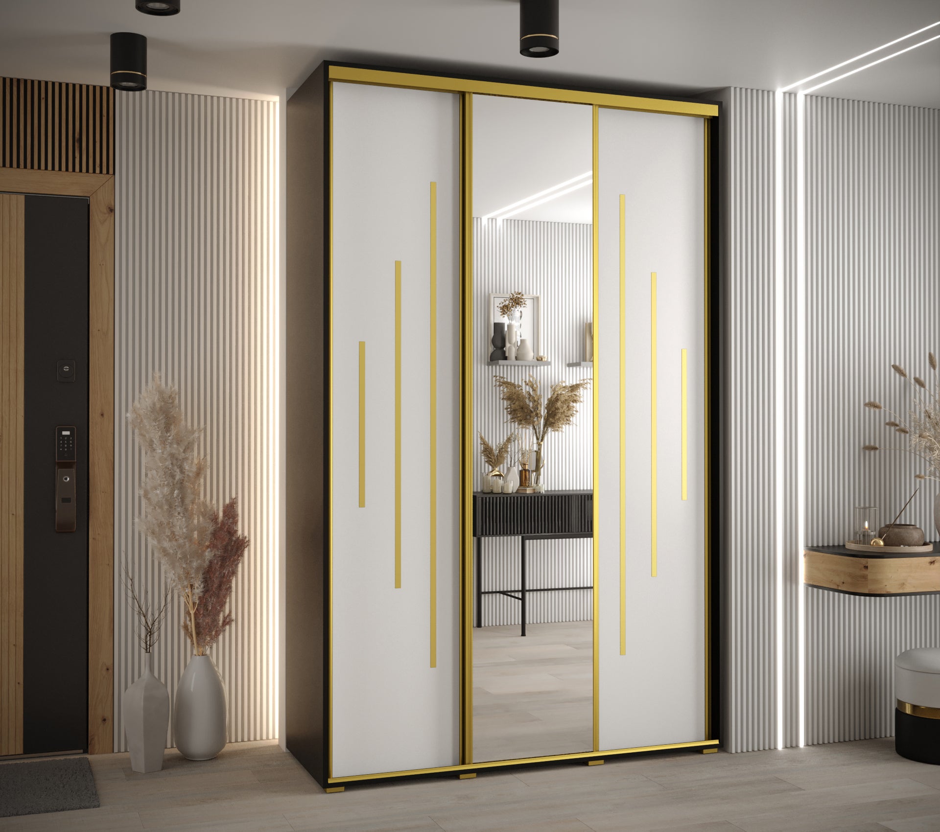 Szafa przesuwna z lustrem wysoka Davos 13 150 x 60 x 235,2 cm czarny + biały + u. złoty - Abiks Meble - 2