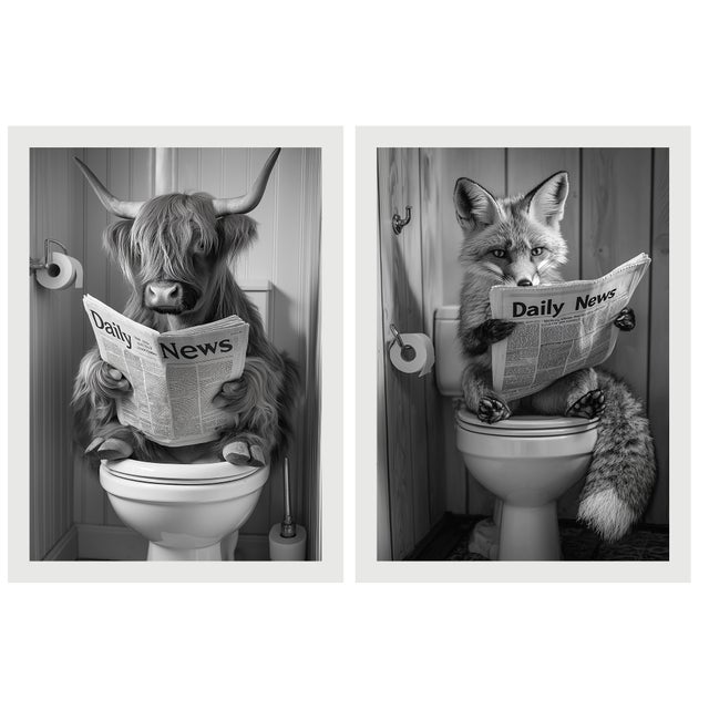 Lot De 2 Affiches Animaux Avec Journal Sur Les Toilettes Taureau Renard En Noir Et Blanc Pour Décorer Des Toilettes Toilettes Wc A4 Cadre Blanc