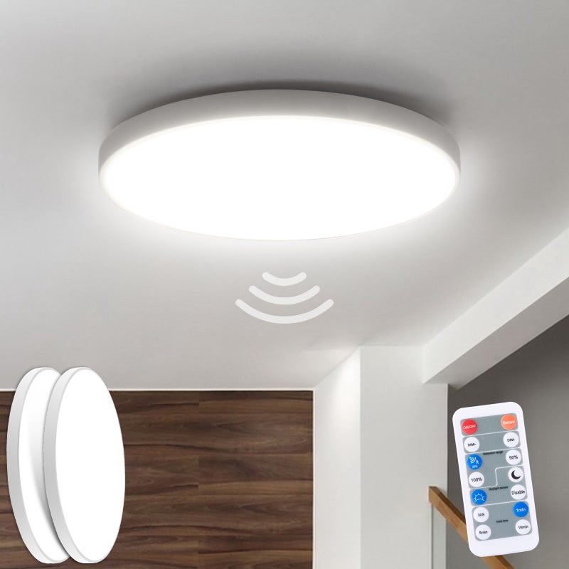 LOVHAUS Zestaw 2 oświetleń sufitowych LED 24W z czujnikiem ruchu, 2400LM, sufitowa lampa LED z pilotem IP54 4000K do korytarza, piwnicy, ø30cm