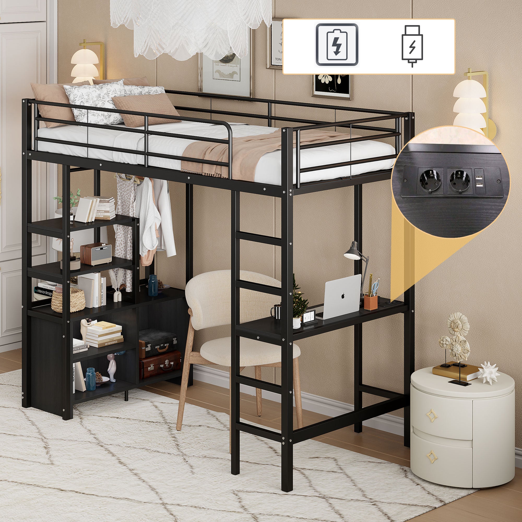 Lit mezzanine 90 x 200 cm avec bureau, prises USB, placard de rangement ...