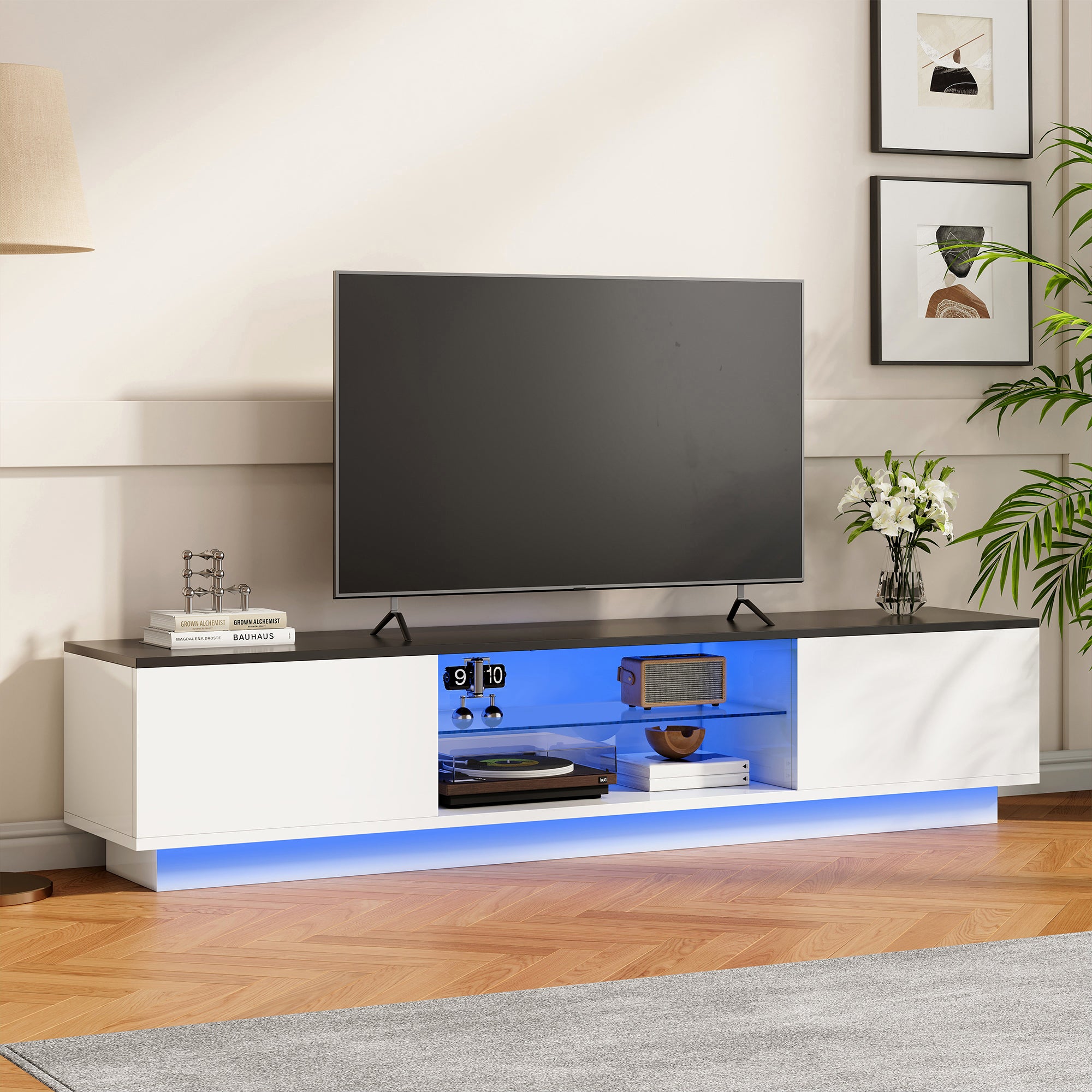 Meuble TV Blanc,Meuble TV Bois avec 2 Portes de Rangement et Étagères en Verre Intégrées,Meuble TV Led,TV Meuble Moderne,130x32x35cm,Blanc - 6