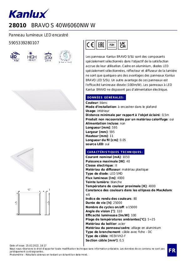 Panneau LED encastré 40W - 60x60cm - Blanc naturel - Cadre alu - 8