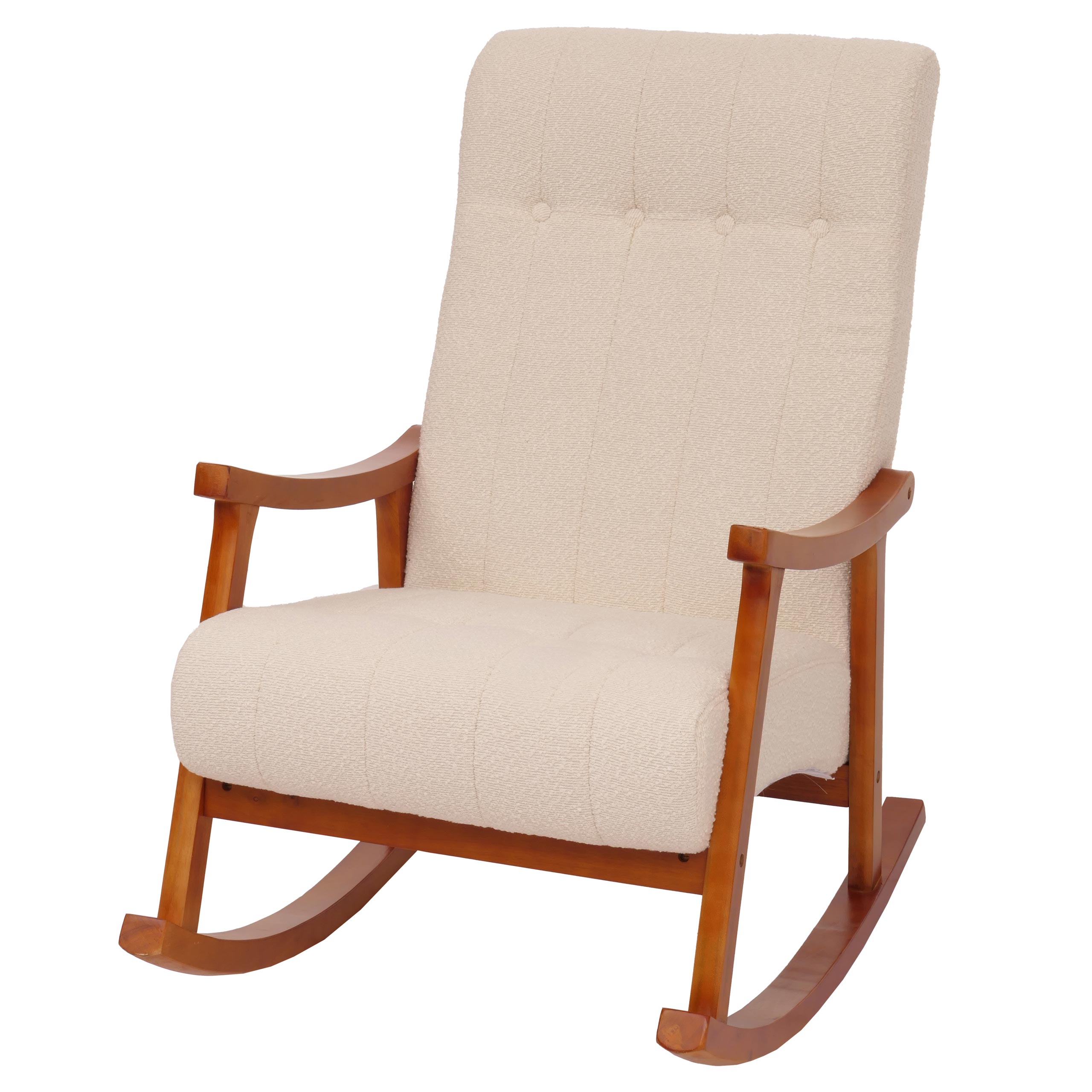Silla mecedora hwc-k10, sillón relax, madera mvg, tejido bouclé (450 g/m²) ~ color crema, estructura con acabado en nogal