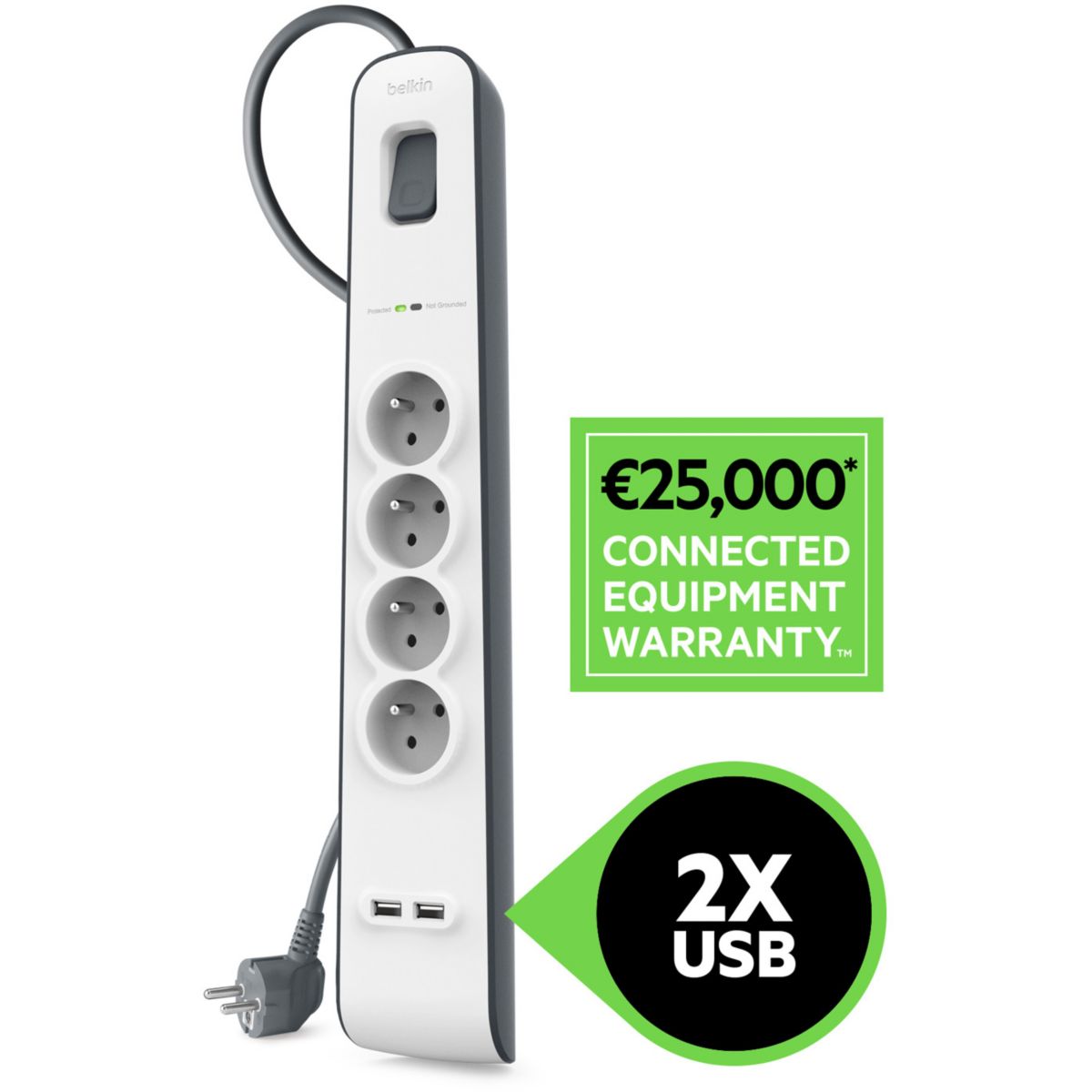 Belkin BSV401CA2M Presa Filtrata Multipla, Protezione dalle Sovracorrenti, con 4 Prese CA, 2 Prese USB, EU Tipo Francia