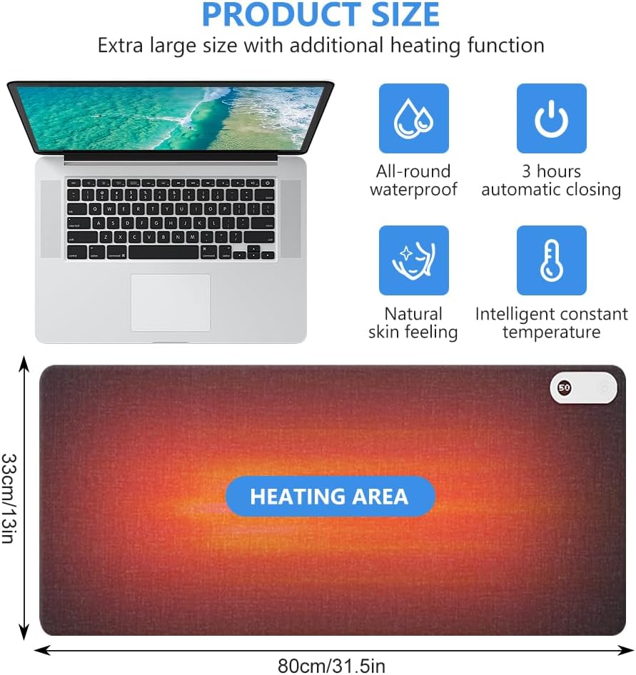 Lntyq Tapis De Souris Sous Main 80x33CM Avec Fonction Chauffante, Température En Trois étapes 3 Heures Arrêt Automatique Pour Bureau à La Maison Hiver
