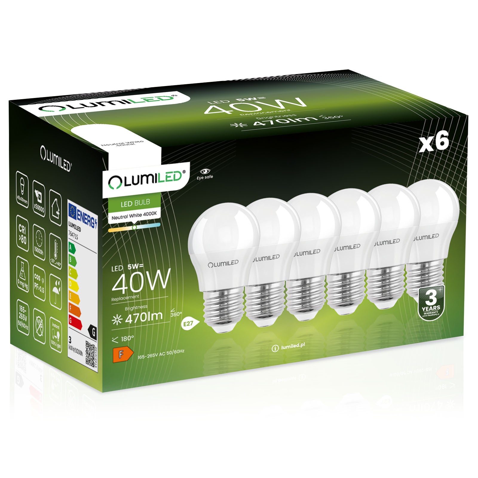 Żarówka LED Lumiled E27 Kulka P45 5W 470lm 4000K Neutralna biel 180st 6 szt.