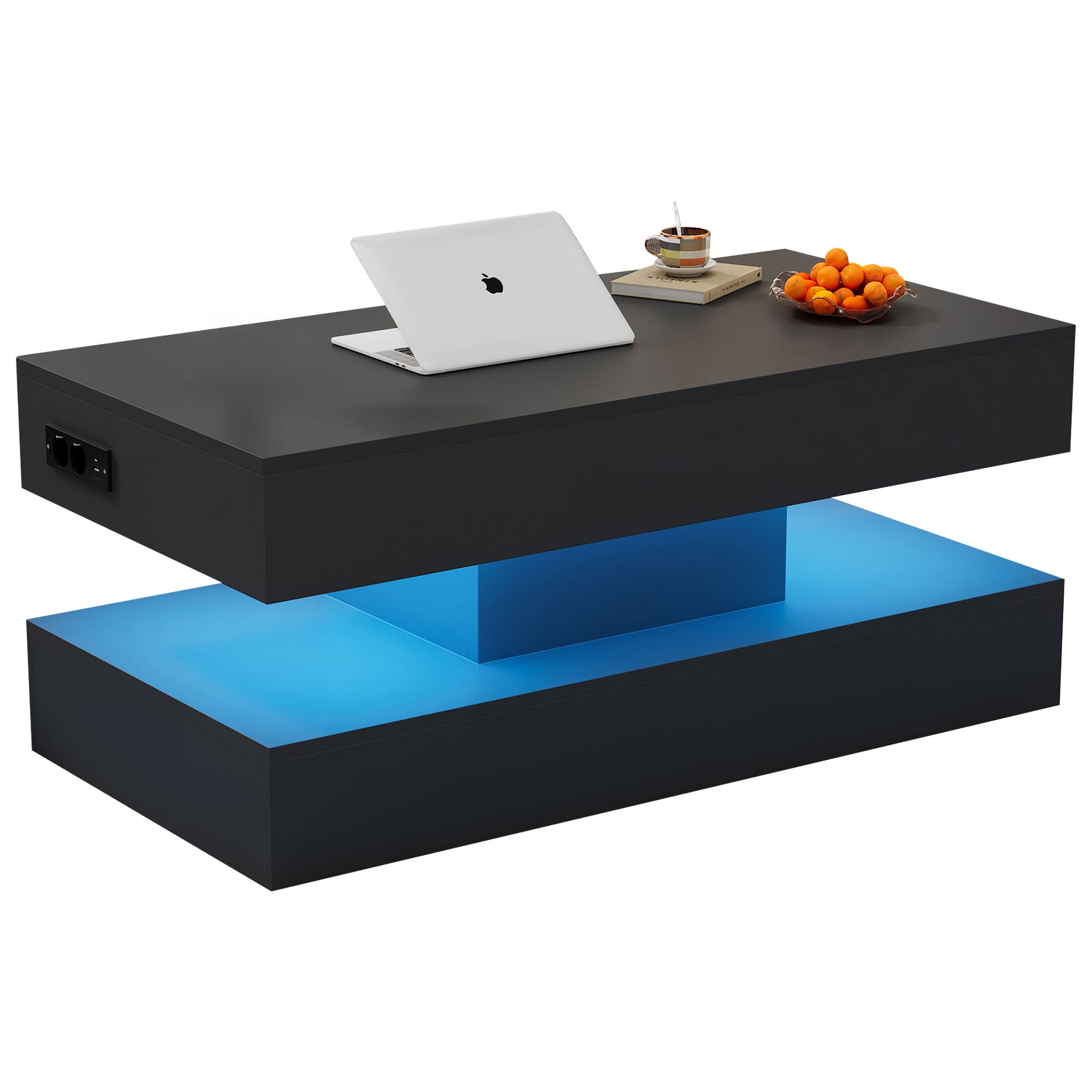 Table basse relevable avec prises USB et cahrge - 100 x 50 x 42 cm - LEDs - Panneau de particules - Noir - 8