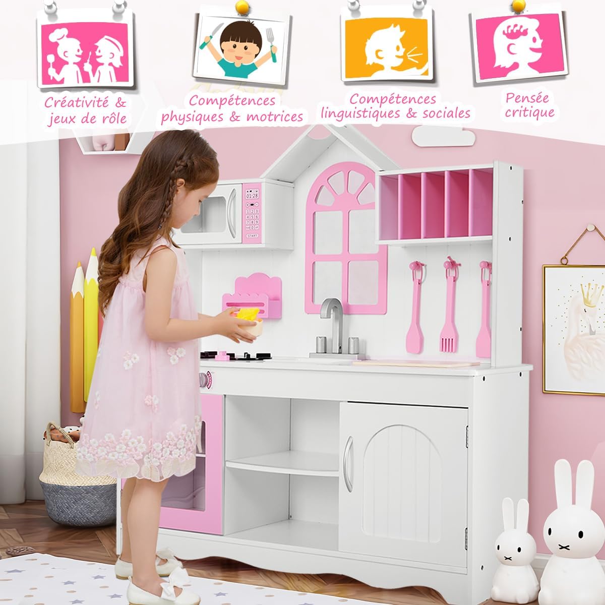 Cucina Giocattolo per Bambini, Cucina Legno per Bambini con Forno, Microonde, Lavello e Rubinetto, con Accessori da Cucina, per Bambini 3+ Ann - 2
