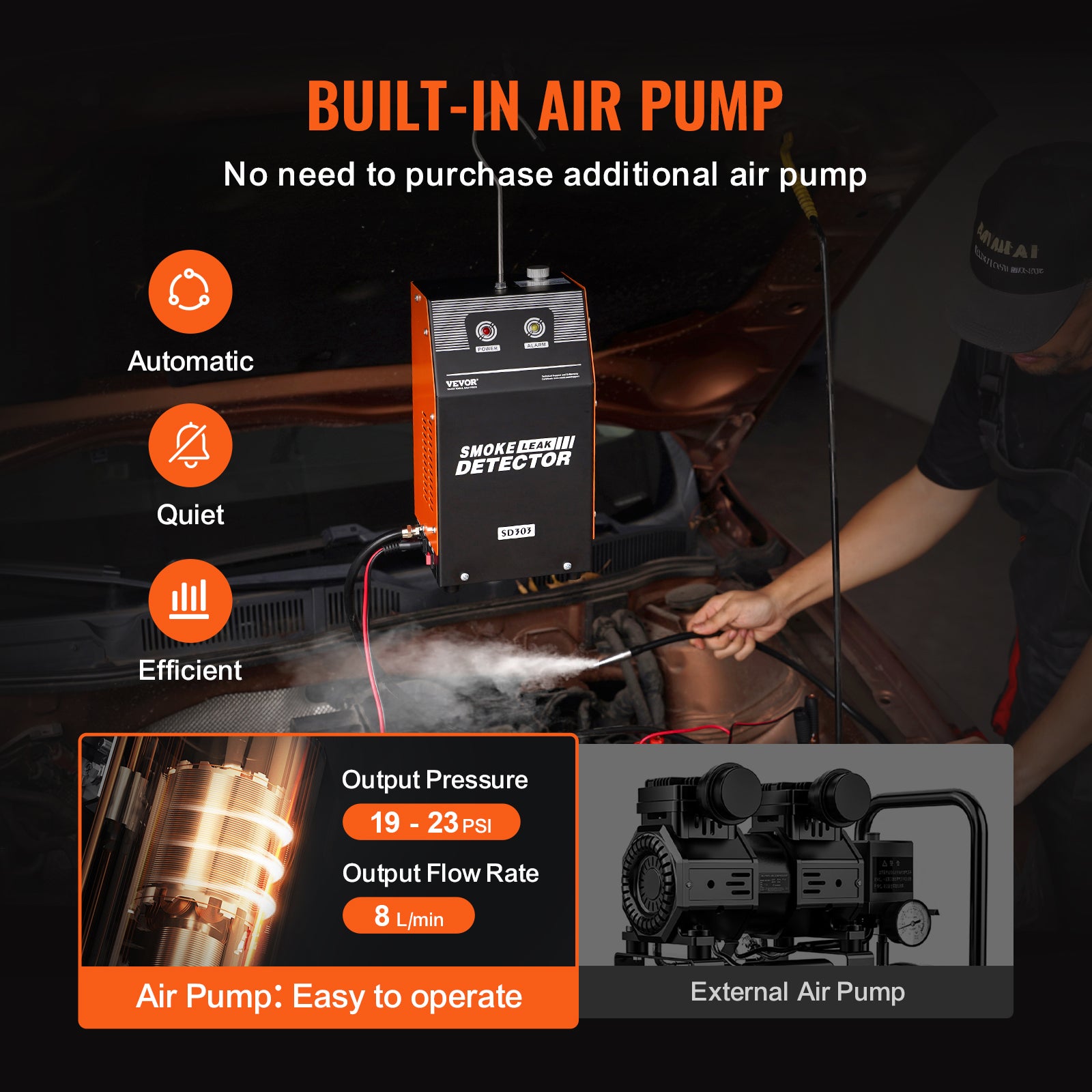 détecteur fuite carburant 2 Modes,VEVOR Machine à fumée EVAP automatique avec pompe à air intégrée,testeur fuite de conduit automobile 19-23 PSI - 3