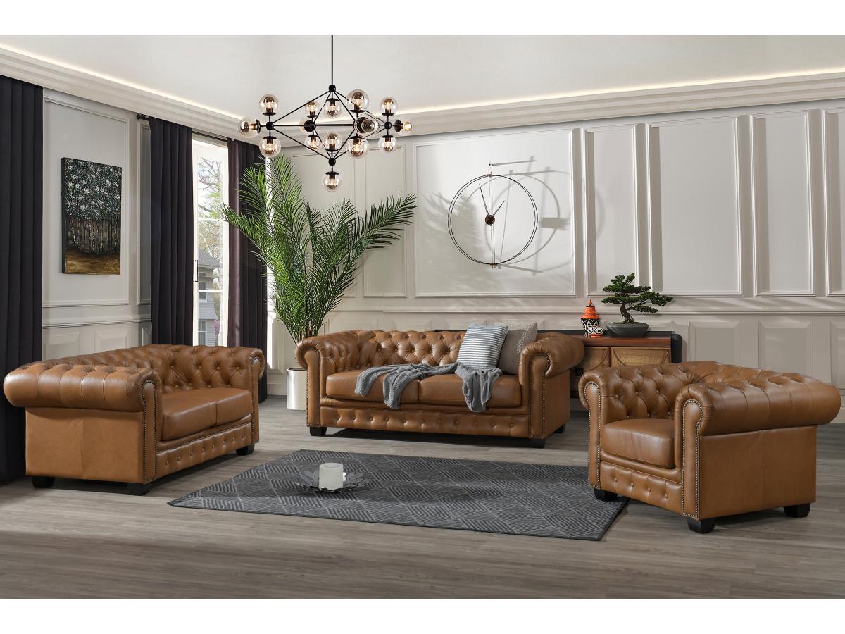 Canapé chesterfield 3 places BRENTON 100% cuir de buffle premium - Caramel vintage - 7
