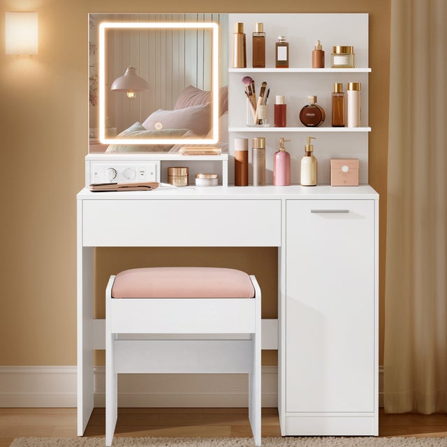 KAILYN Collection - Coiffeuse avec Miroir LED et Tabouret, avec Multiprise, Compartiment avec 2 Étagères Réglables, 1 Tiroir, 2 Étagères, Blanc