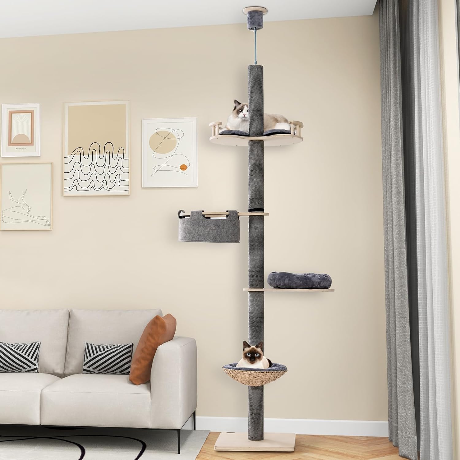 Árbol de Gato de Suelo al Techo, Altura Ajustable 236-271 cm, Grande Árbol de Gato de 5 Niveles con Poste Rascador Trampolín Cama Tipo Cesta Hamaca - 9