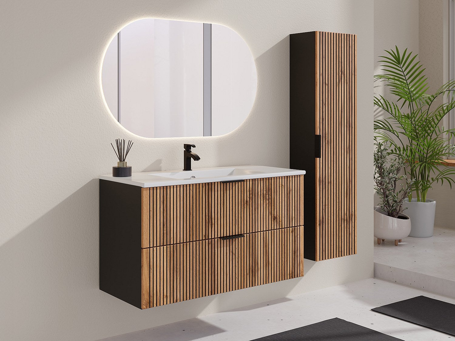 Szafka łazienkowa wisząca ryflowana z umywalką wpuszczaną w blat i słupkiem - Naturalny jasny i czarny - 100 cm - MADELA