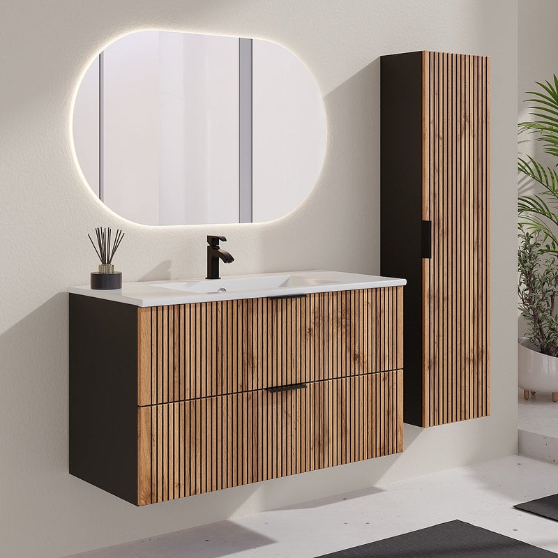 Szafka łazienkowa wisząca ryflowana z umywalką wpuszczaną w blat i słupkiem - Naturalny jasny i czarny - 100 cm - MADELA