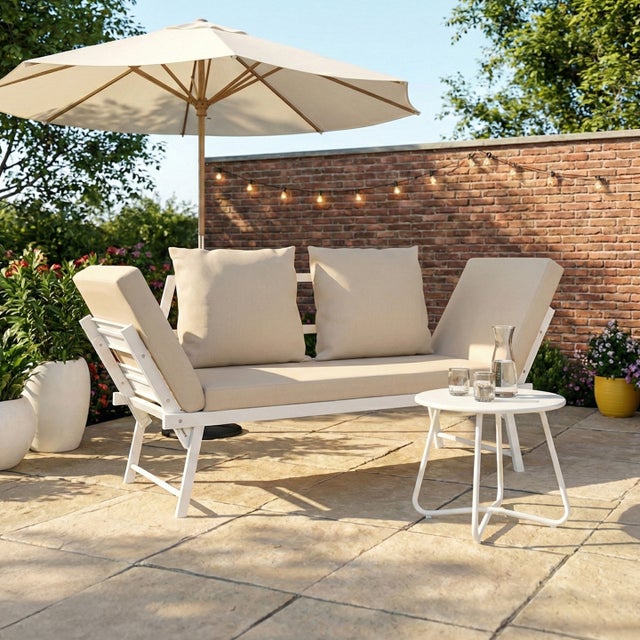 Canapé de jardin, banquette convertible NOLA 2/3 places avec accoudoirs inclinables métal blanc et coussins beige