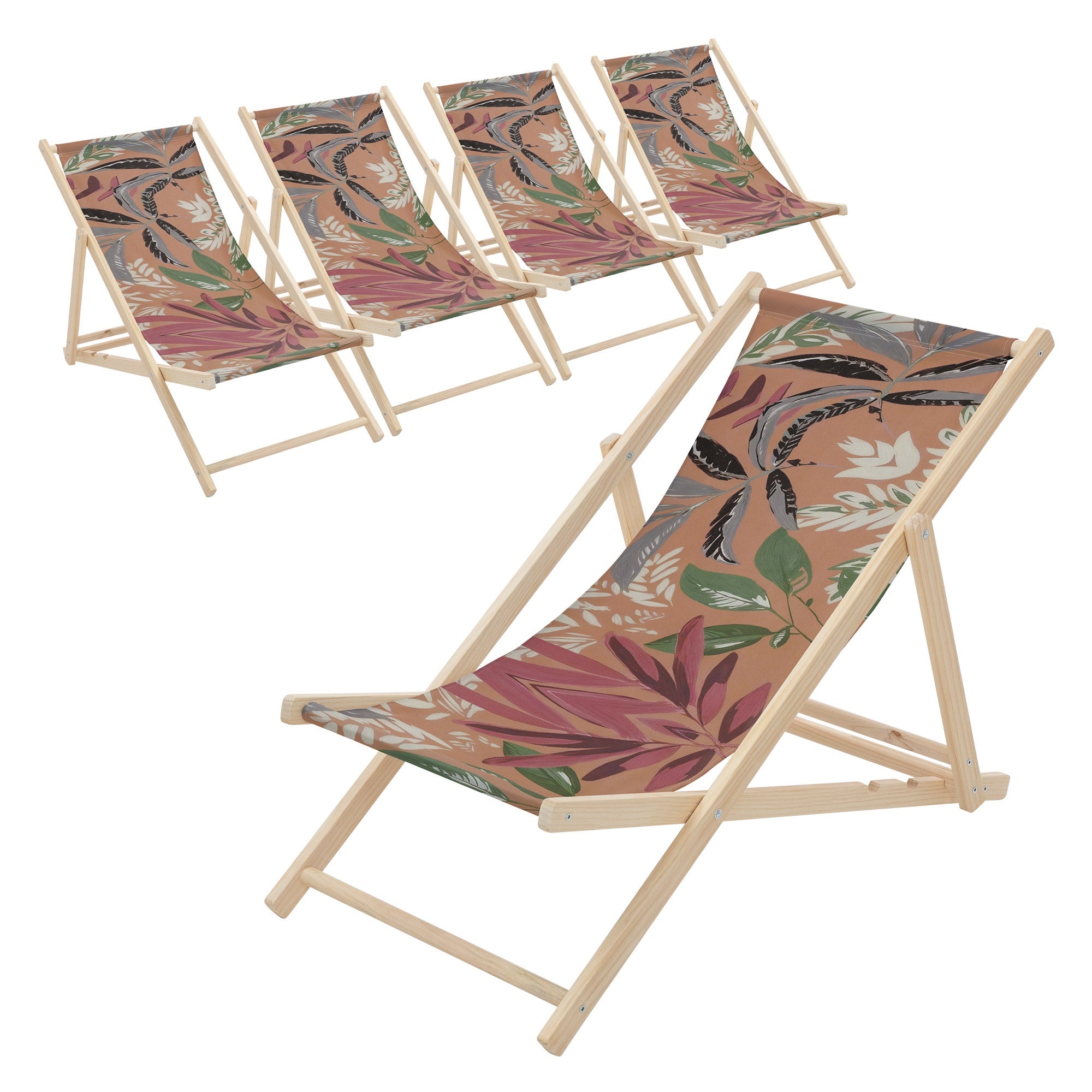 ECD Germany 5x leżak plażowy składany floral drewniany do 120 kg 3-pozycyjny regulowany oparcie krzesło relaksacyjne balkon taras ogród komfortowy
