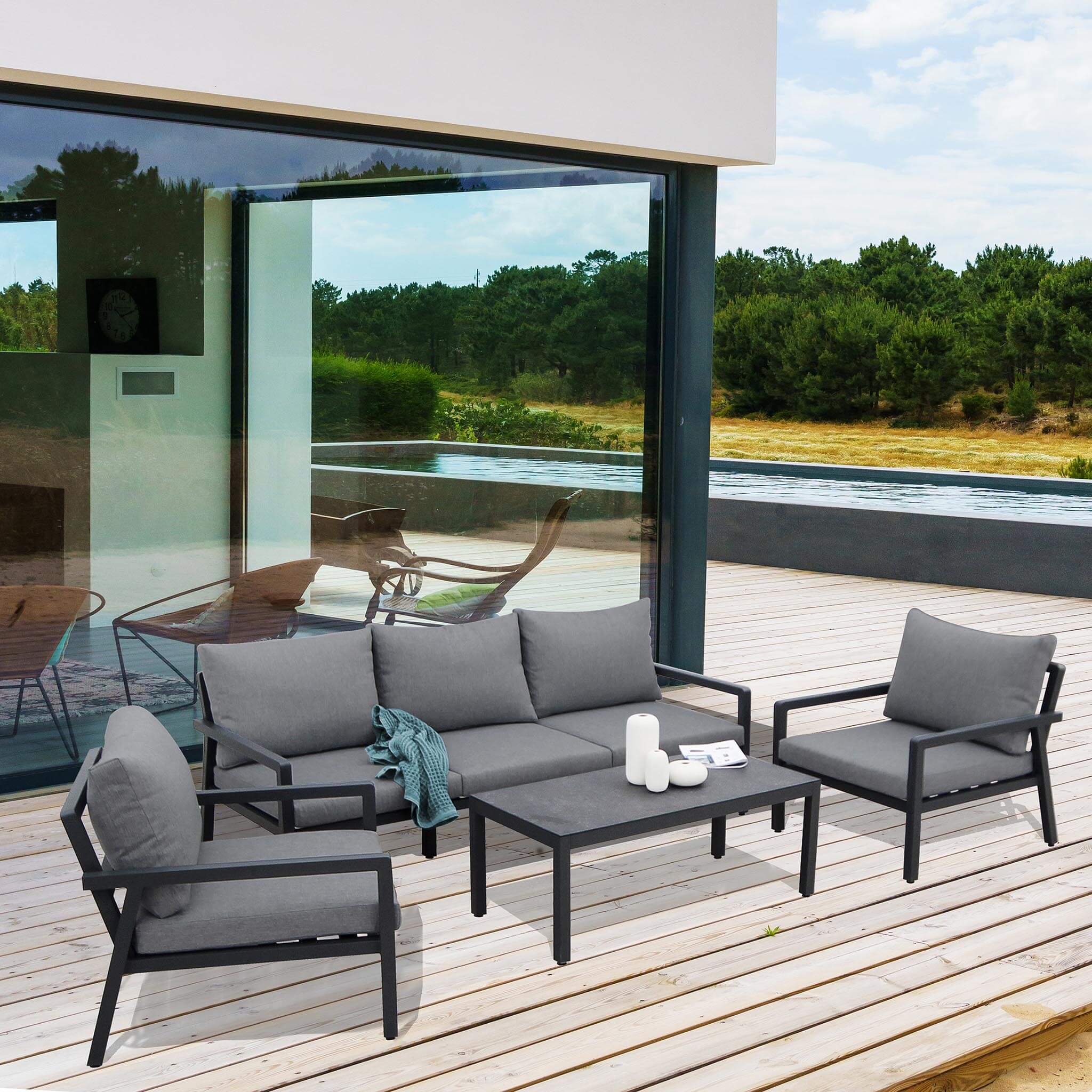 Set salotto giardino esterno salottino HWC-F57 polyrattan grigio con Set salotto giardino esterno salottino HWC-F57 polyrattan grigio con