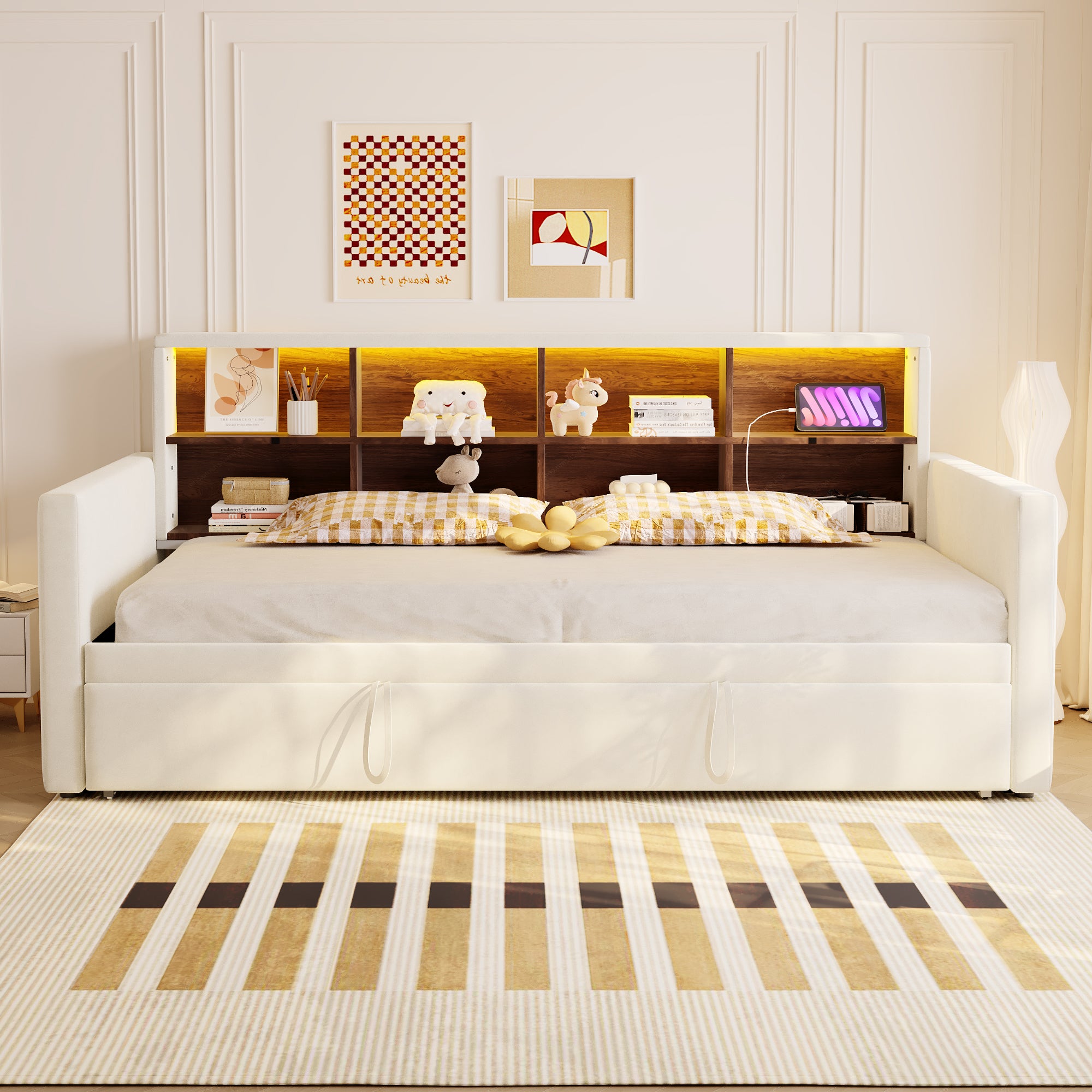Rozkładana sofa z poduszkami 90x190cm - z oświetleniem LED - z gniazdem ładowania - z wysuwane łóżko - tkanina welurowa - beżowy - 2