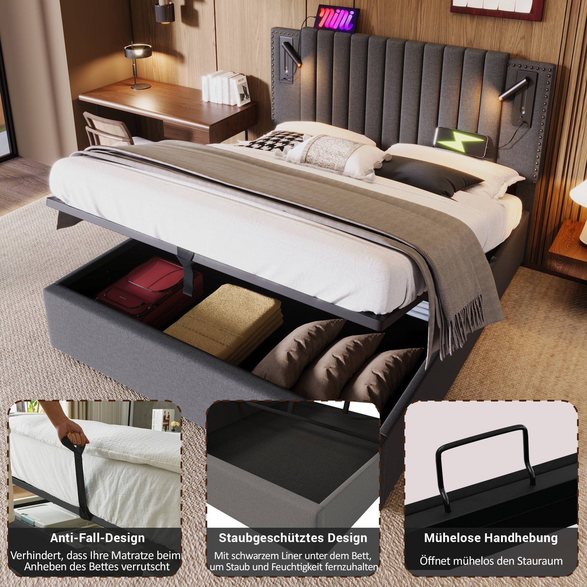 Lit coffre Lit capitonné Lit adulte 140 x 200 cm avec lampe de lecture avec fonction de chargement USB, coton, gris, matelas inclus - 3