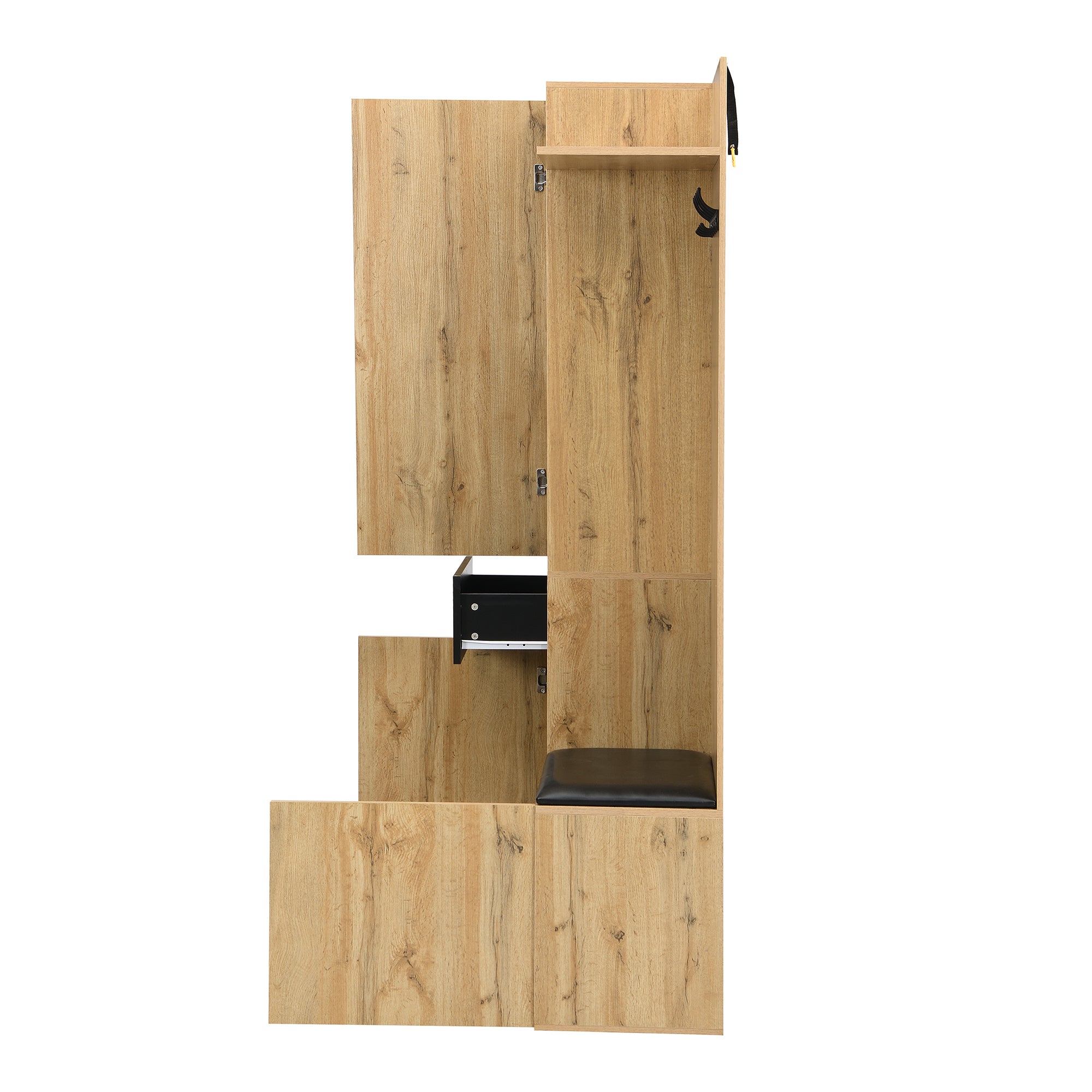 Hall D'entrée Élégant avec Miroir, Banc & Rangement - 5 Porte-Manteaux, Placard Chaussures - Noir/Chêne - 191x98,5x38cm - 8