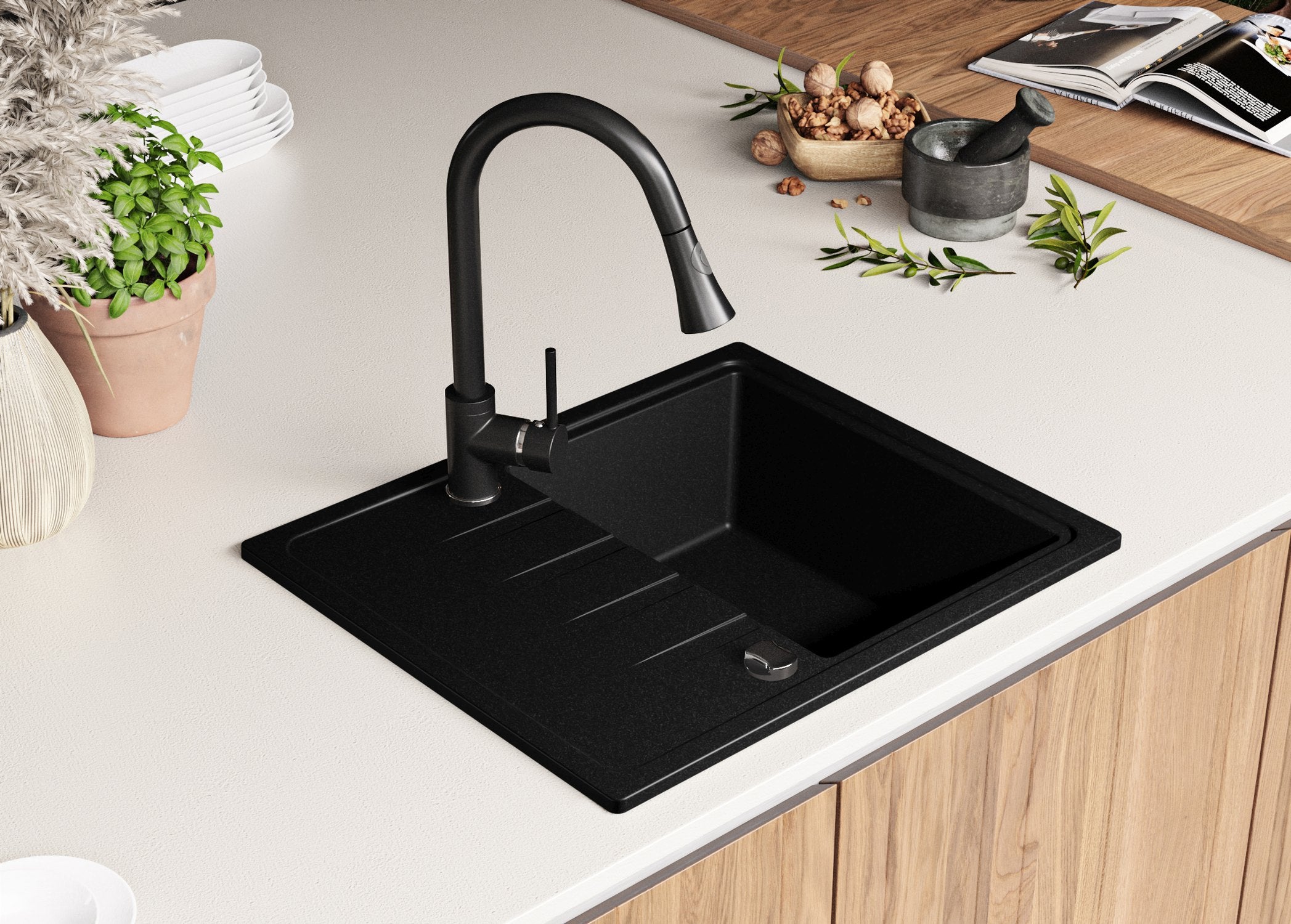 Evier Cuisine en Granit Noir 62x50cm, Lavabo 1 bac + Kit de Vidage, Évier à Encastrer au meuble 40cm - Milan PRIMAGRAN - 8