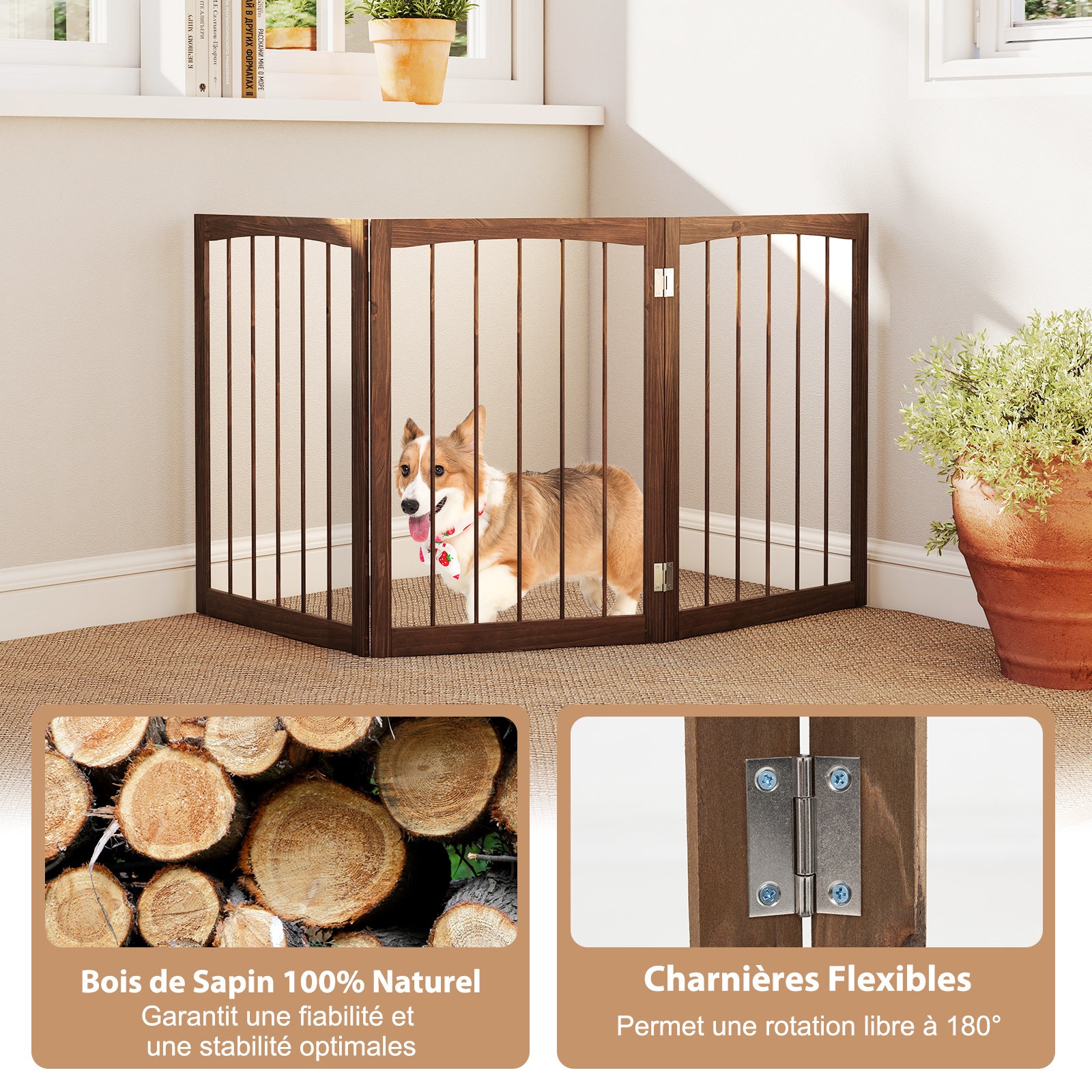 Barreira de segurança para cães, barreira dobrável para cães com 3 painéis, estrutura em madeira de abeto, dobradiças flexíveis, para escadas e salas - 7