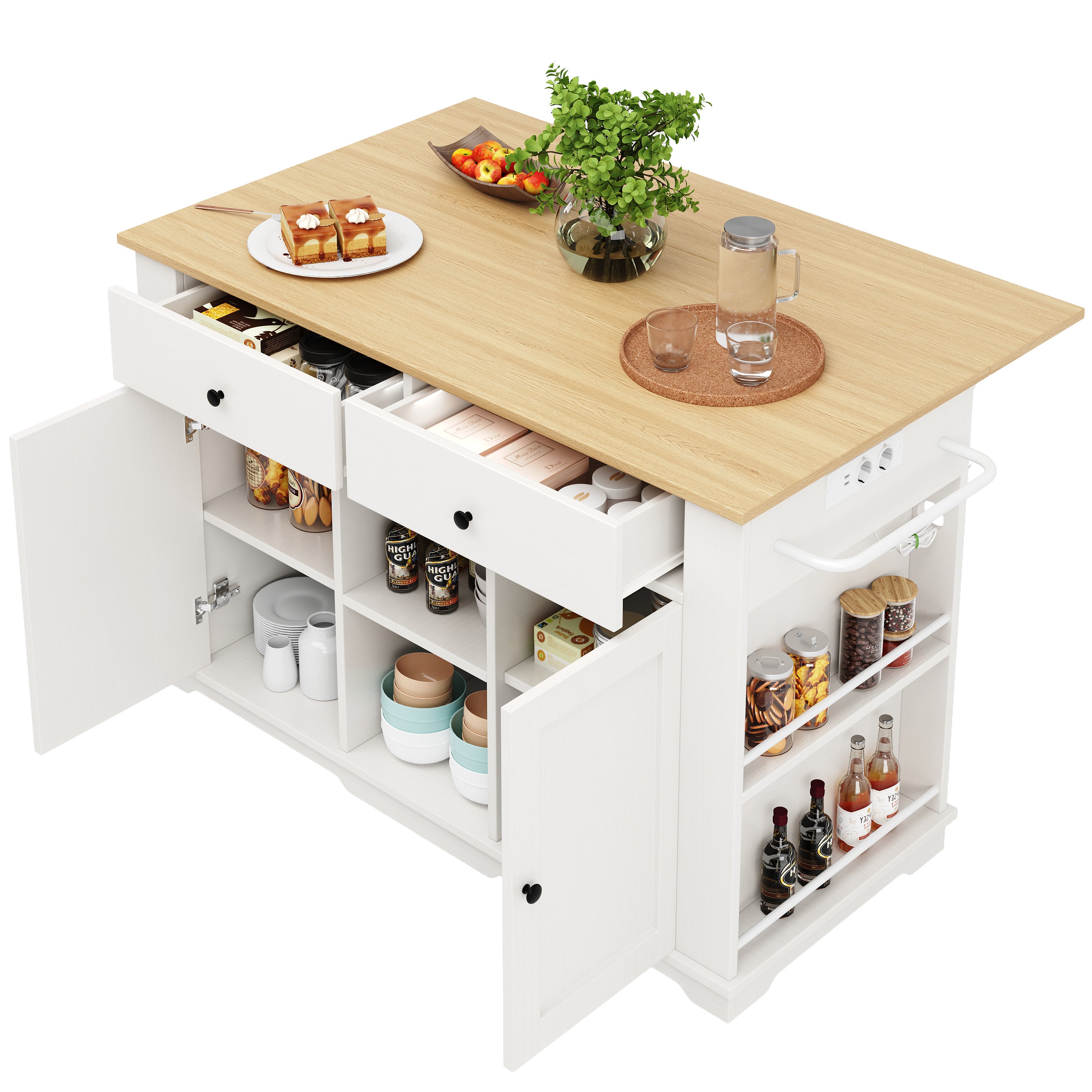 Redom  Isla De Cocina Móvil Multifunción Con Toma Corriente Y Encimera Madera Vetas Blanco , Leroy Merlin