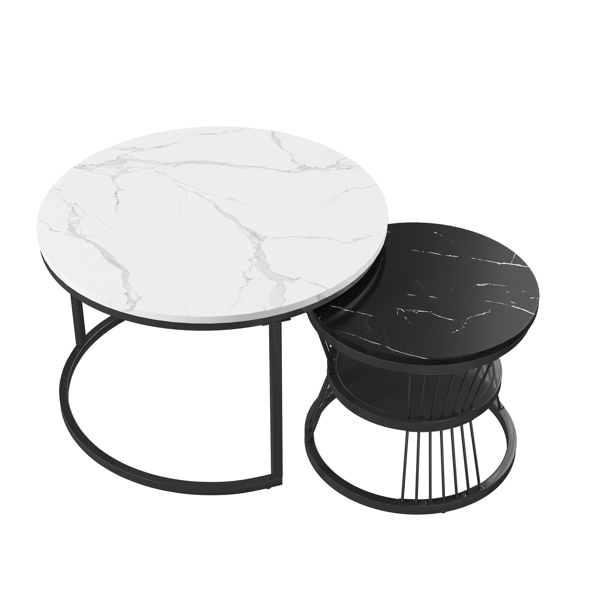 Ensemble de 2 Tables Basses Rondes, Tables Gigognes de Salon Modernes avec Pieds en Métal Doré, Noir et Blanc(70 x 45.5cm) - 8