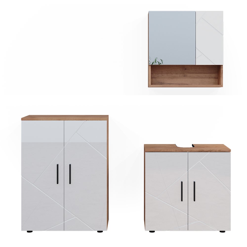 Vicco Zestaw mebli łazienkowych Irma, Biały wysoki połysk/złoty dąb power, 3 części, z szafką dolną 60 cm