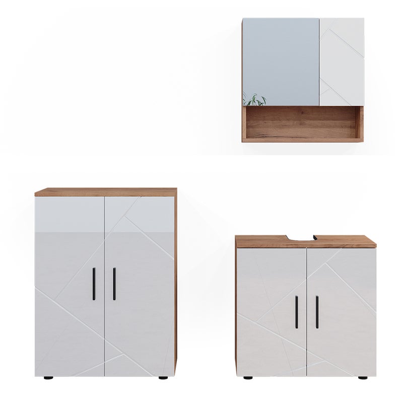 Vicco Zestaw mebli łazienkowych Irma, Biały wysoki połysk/złoty dąb power, 3 części, z szafką dolną 60 cm